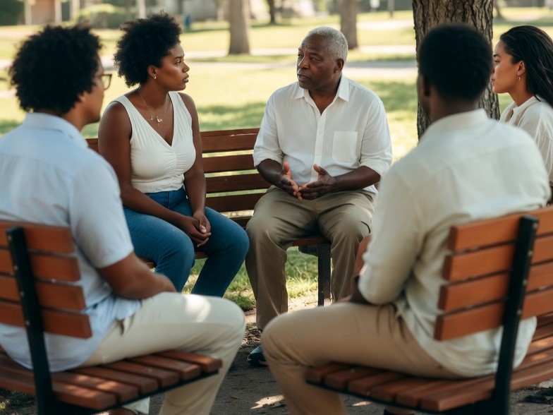 Community members having an open conversation about mental health.